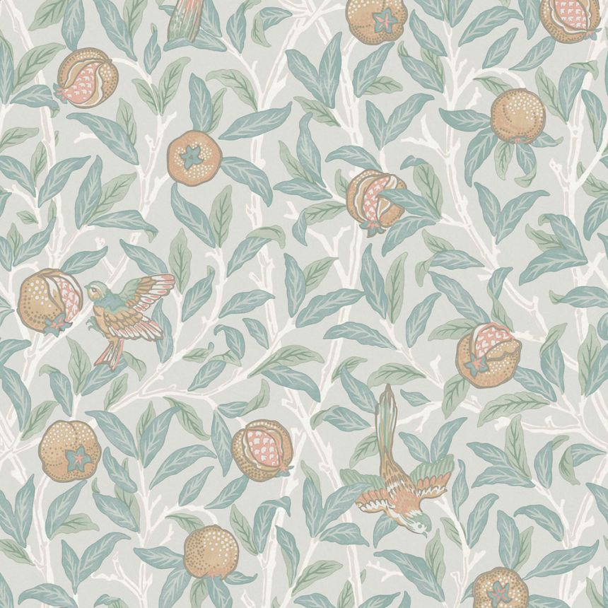 Non-woven wallpaper, blue-green, branches, birds, 124261, William Morris At Home
