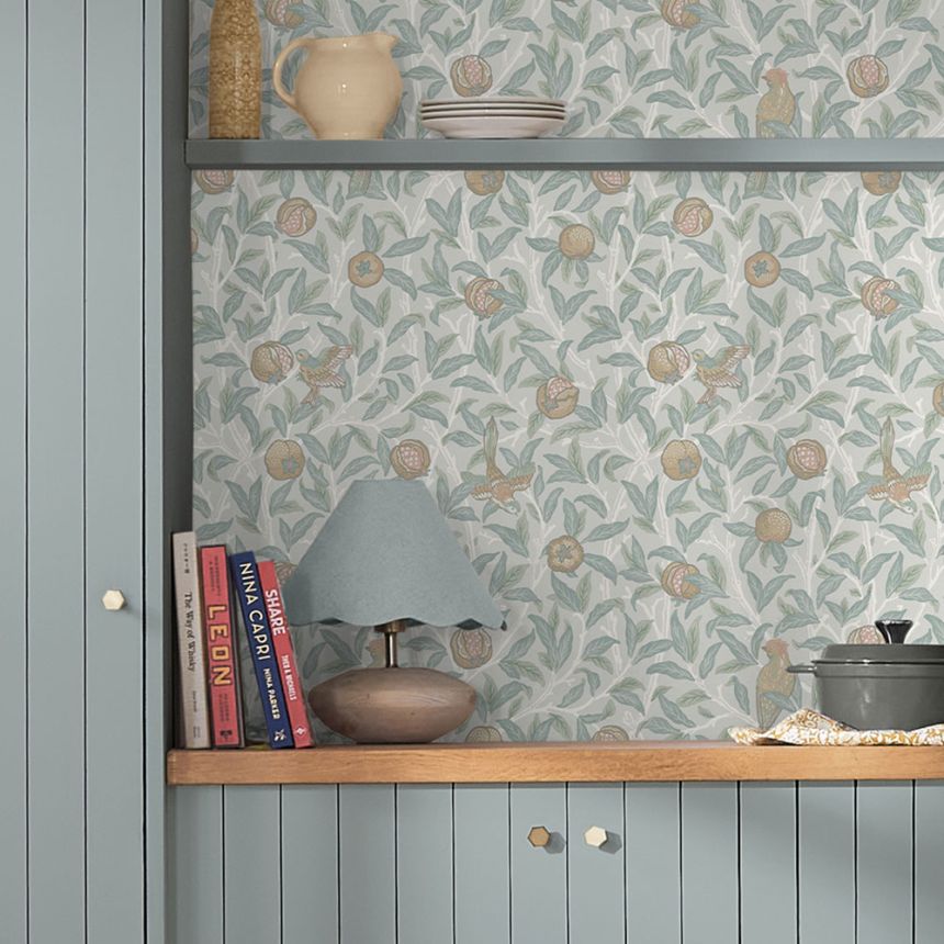 Non-woven wallpaper, blue-green, branches, birds, 124261, William Morris At Home