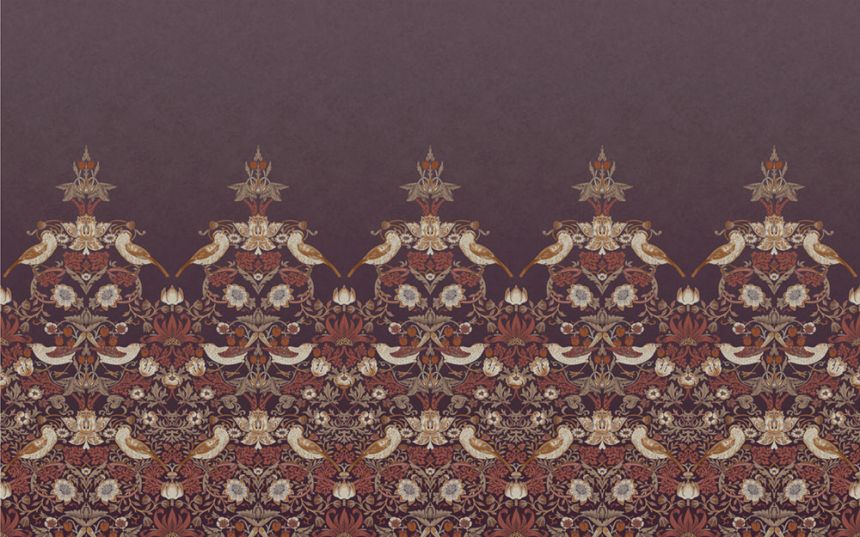 Non-woven wall mural, burgundy, flowers, birds, 125301, William Morris At Home