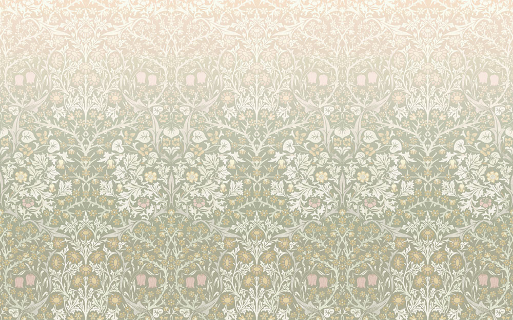 Non-woven wall mural, green-pink, flowers, birds, 125355, William Morris At Home