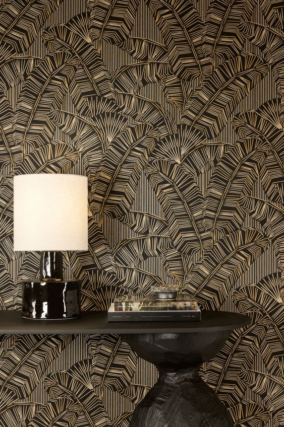 Non-woven wallpaper, black, leaves, AMA403, Amani, Masureel
