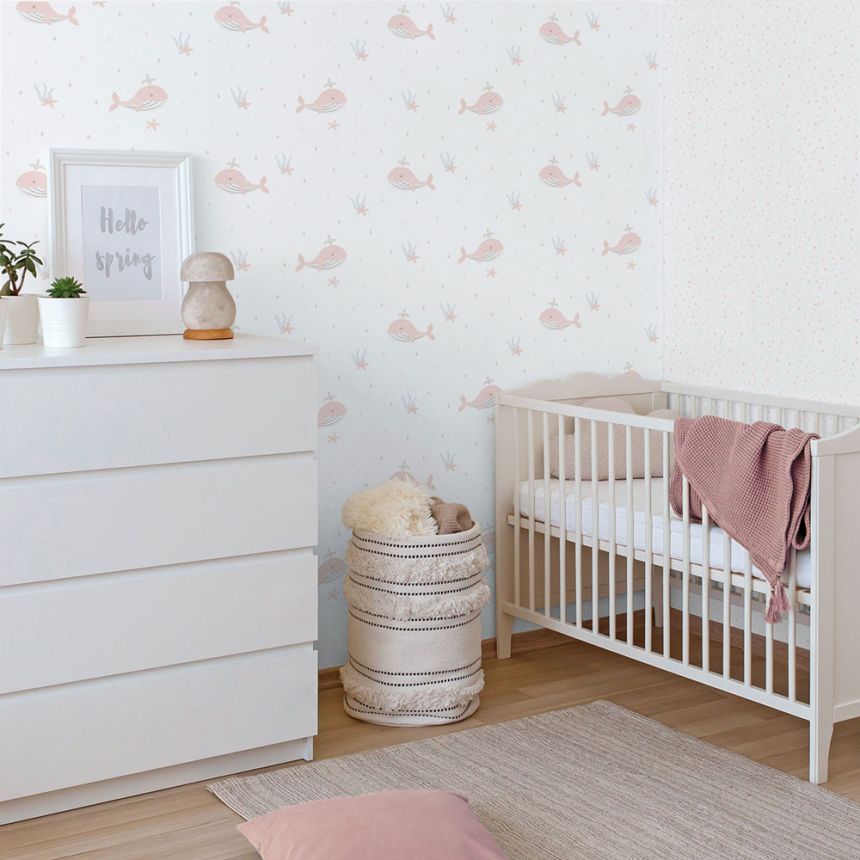 Children's non-woven wallpaper, pink, whales, 281-1, Enzo,  ICH Wallcoverings