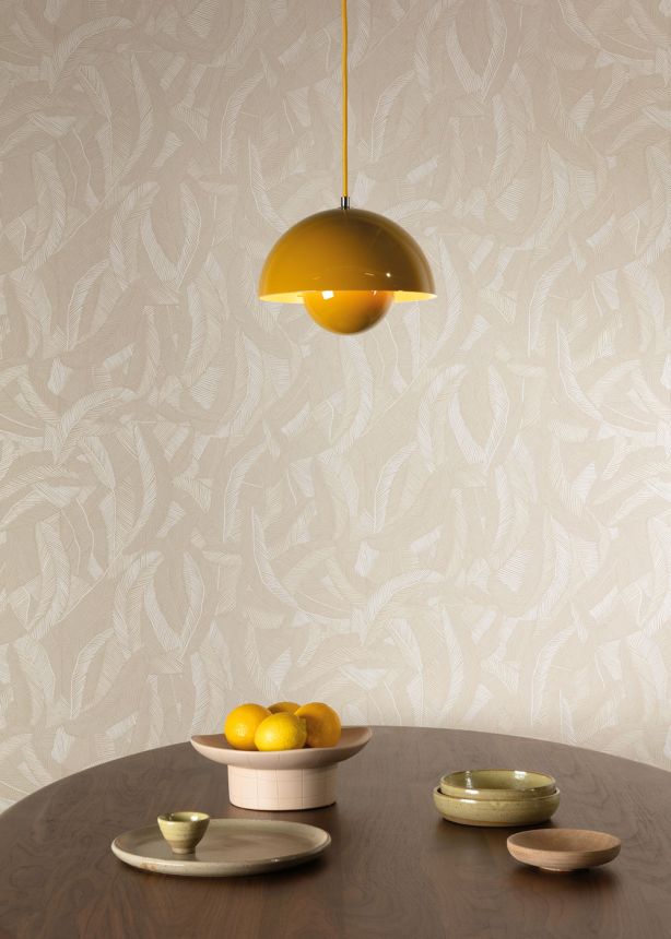 Non-woven wallpaper, beige, leaves, feathers, ROM205, Romance, Masureel