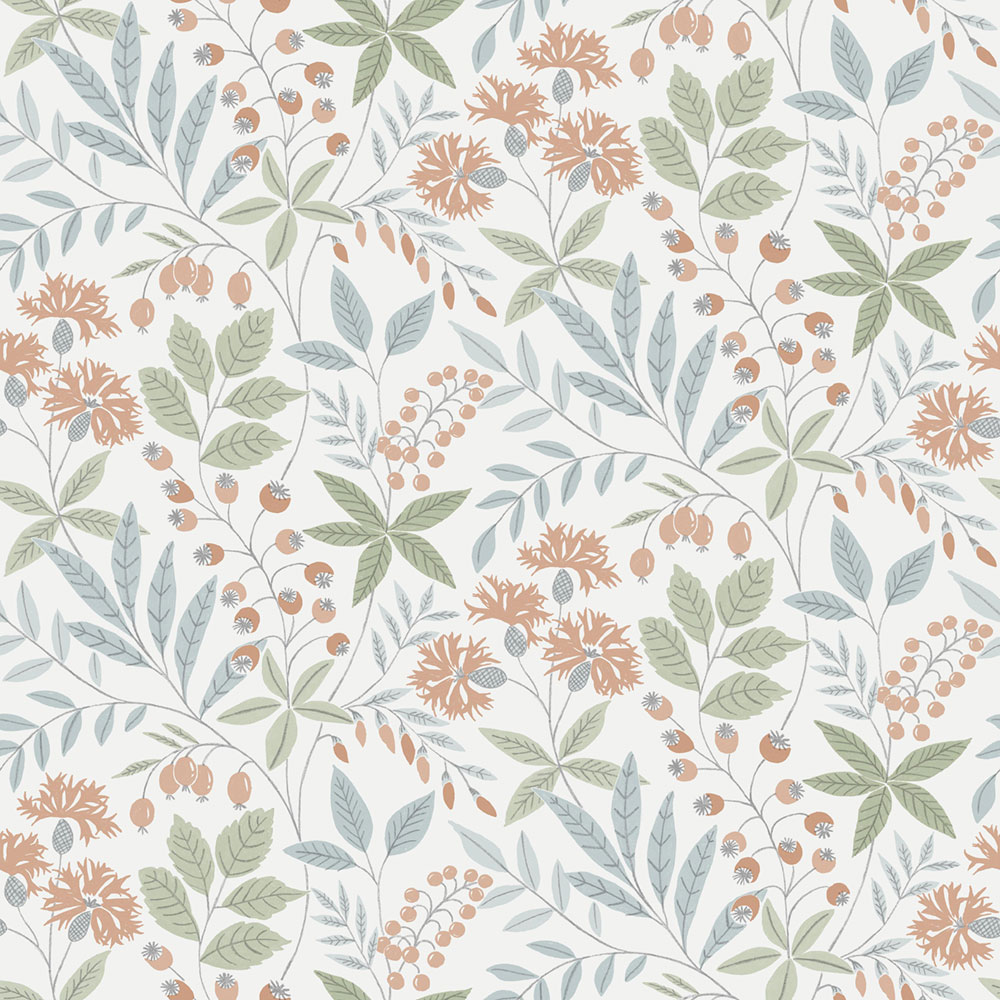 Wallpaper, blue-green, flowers, leaves, 38753, Borosan Hem, Boråstapeter