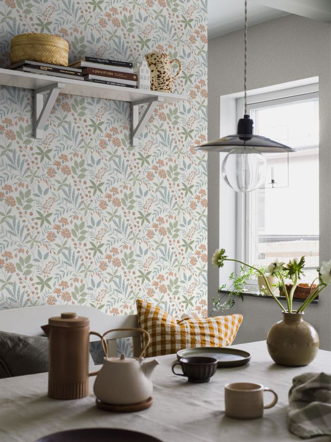 Wallpaper, blue-green, flowers, leaves, 38753, Borosan Hem, Boråstapeter