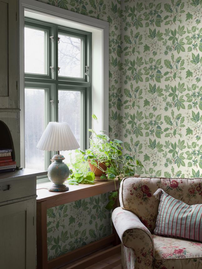 Wallpaper, green-brown, leaves, 5832, Nordic Folk, Borastapeter