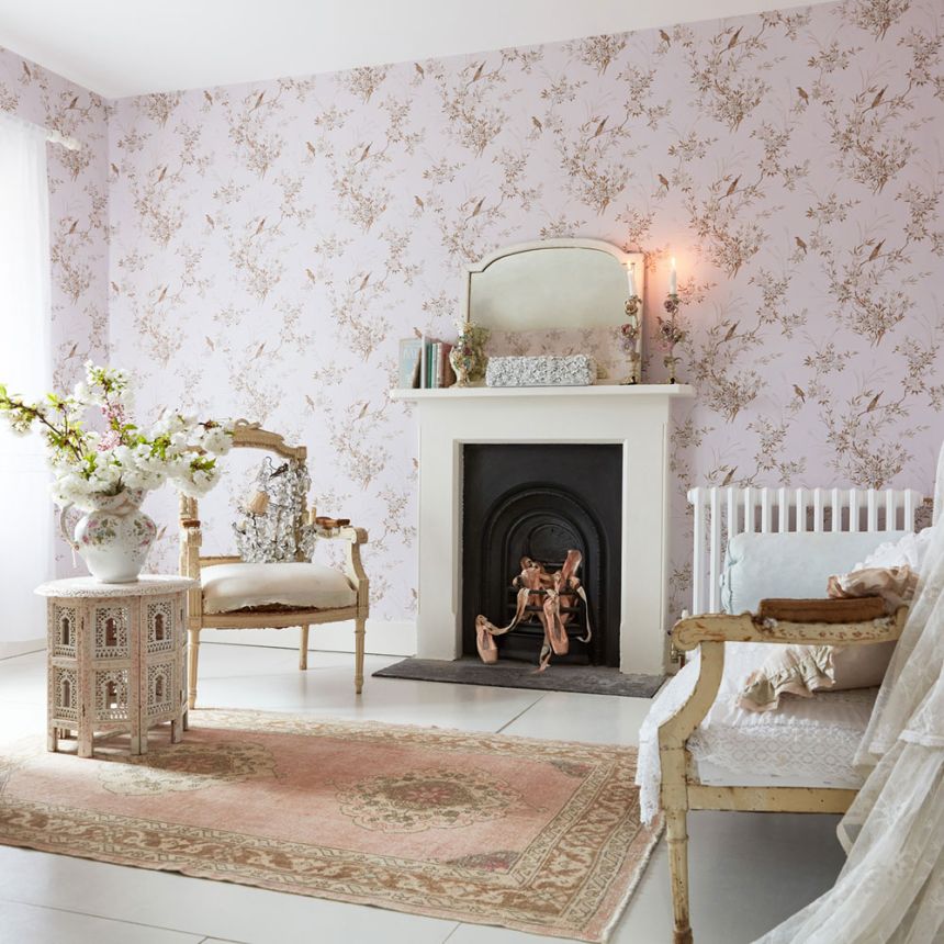 Wallpaper, pink, flowers, birds, 125122, Shabby Chic by Rachel Ashwell