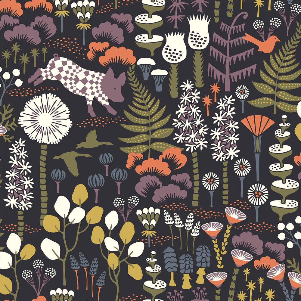 Black wallpaper, flowers, leaves, piglets, 1452, Icons, Borastapeter