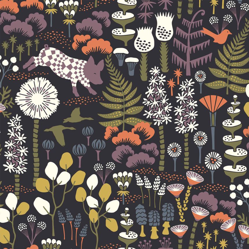 Black wallpaper, flowers, leaves, piglets, 1452, Icons, Borastapeter