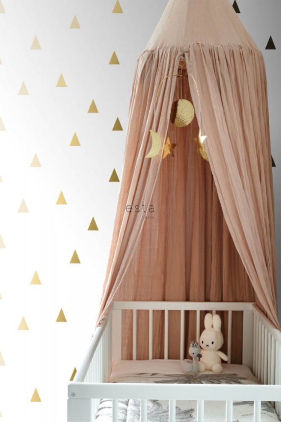 White non-woven wallpaper with golden triangles 138943, Little Bandits, Black & White, Esta