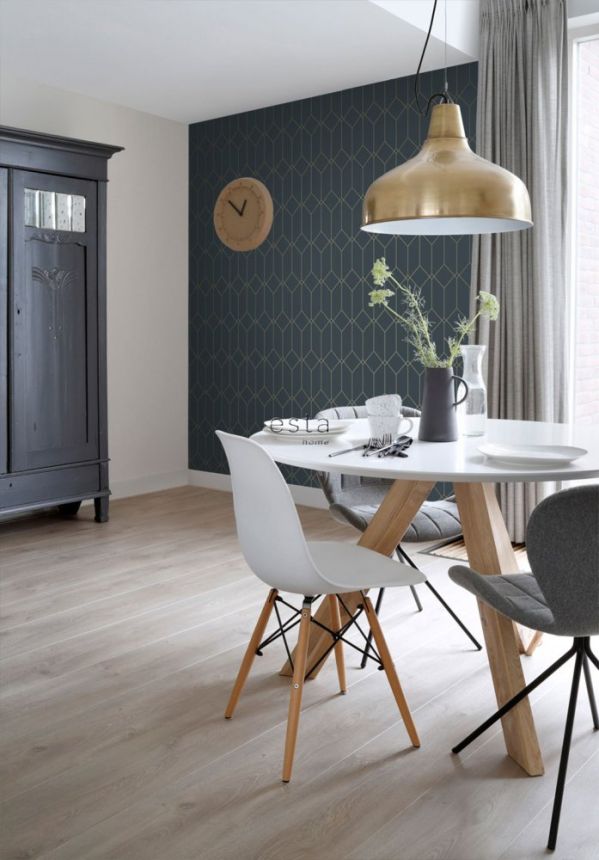 Dark blue non-woven wallpaper with golden lines 139225, Art Deco, Esta