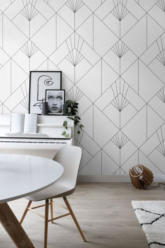 Non-woven wall mural, black and white geometric Art Deco pattern 158934, 150x300cm, Black & White, Esta