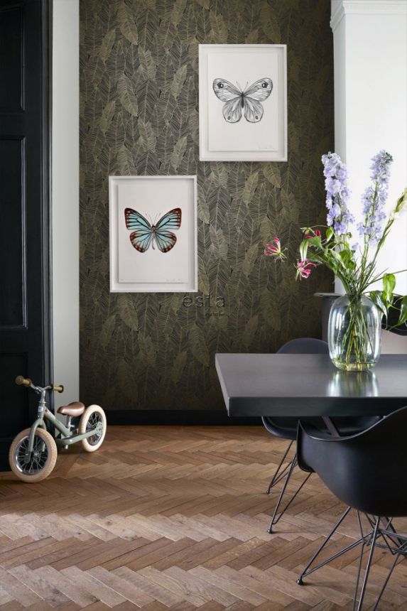 Black non-woven wallpaper with golden leaves contours 139126, Black & White, Esta