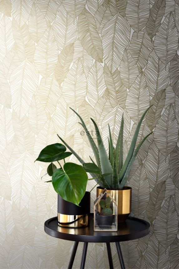 Non-woven wallpaper with golden leaves contours 139125, Black & White, Esta