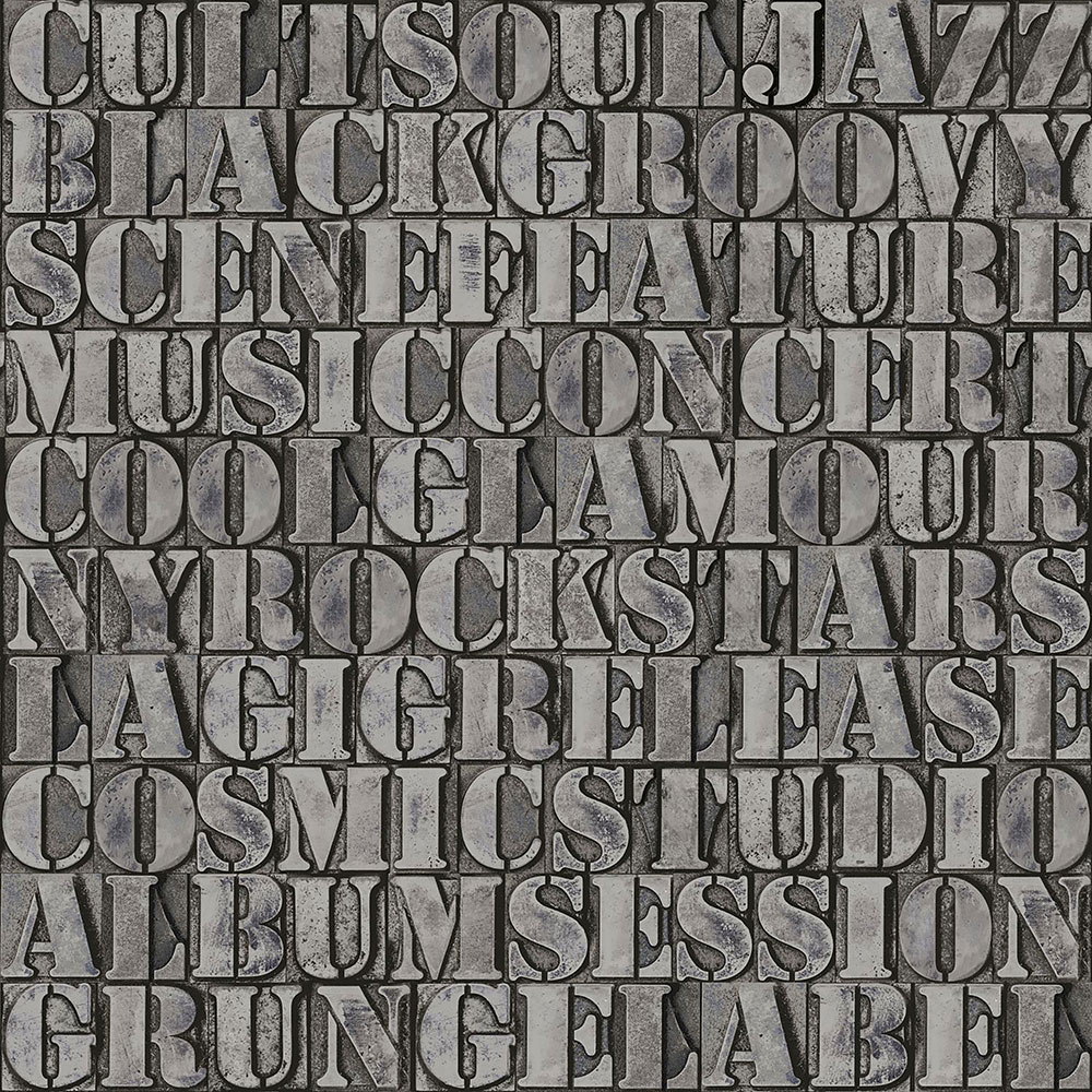 Gray-silver metallic non-woven wallpaper, imitation of metal plates with inscriptions 347591, Matières - Metal, Origin