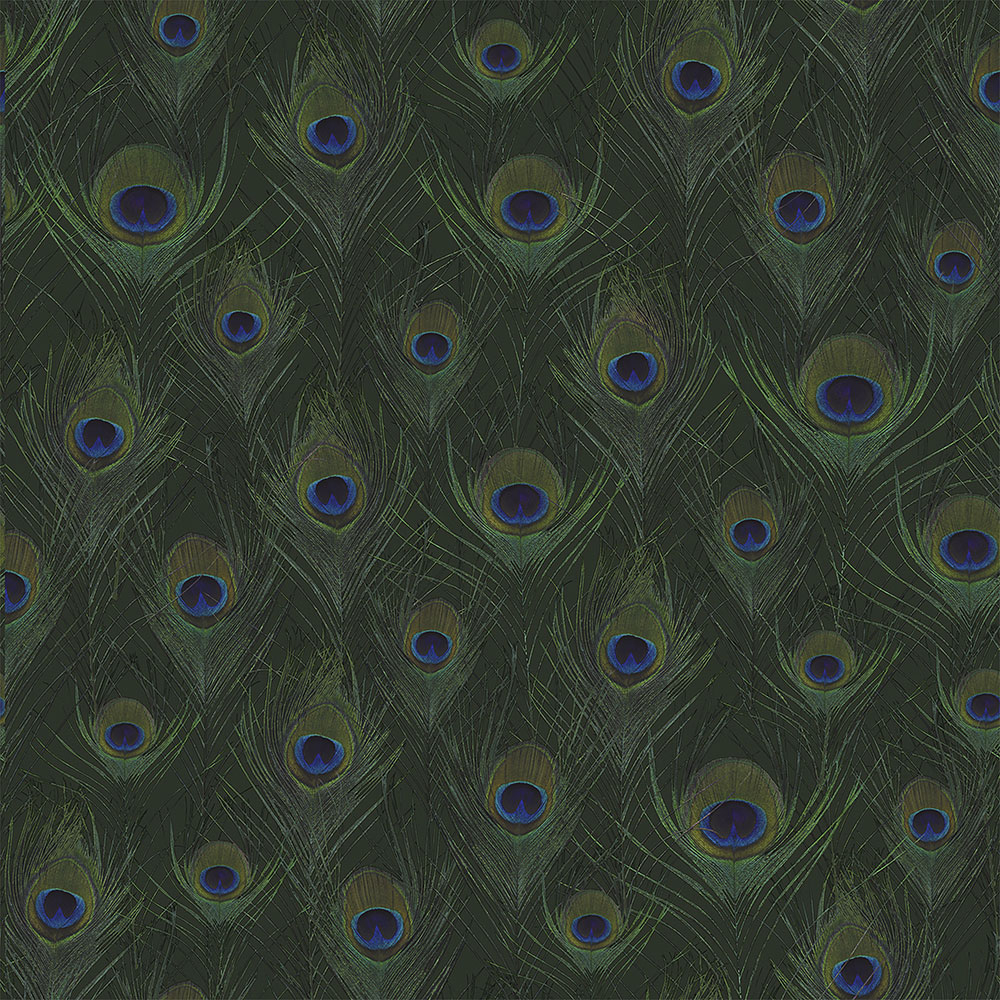 Non-woven green wallpaper with peacock feathers 347765, Luxury Skins, Origin