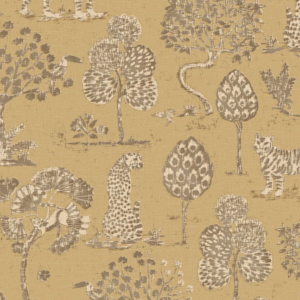 Ocher non-woven wallpaper with trees, tigers and leopards 317314, Oasis, Eijffinger