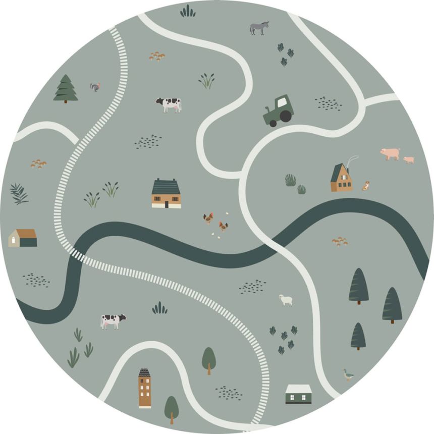 Self-adhesive round wall mural Farm, roads, tractors 159068, diameter 70 cm, Forest Friends, Esta