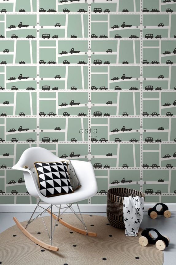 Green non-woven wallpaper for boys Cars, roads 139283, Forest Friends, Esta
