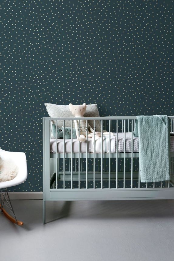Dark blue non-woven wallpaper, gold polka dots 139276, Forest Friends, Esta