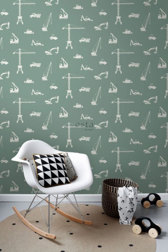 Non-woven wallpaper for boys Cars, excavators, cranes, tractors 139264, Forest Friends, Esta