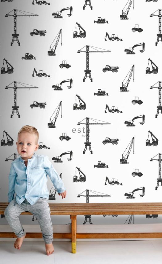 Non-woven wallpaper for boys Cars, excavators, cranes, tractors 139263, Forest Friends, Esta