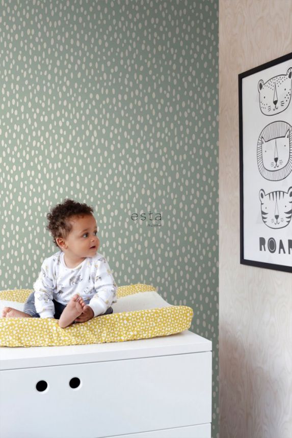 Green non-woven wallpaper with white irregular ovals 139256, Forest Friends, Esta