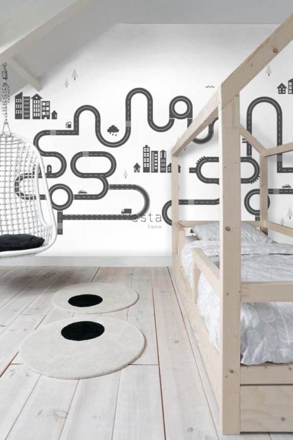 Black and white non-woven wallpaper Road 158835, 1,395 x 2,79 m, Little Bandits, Esta