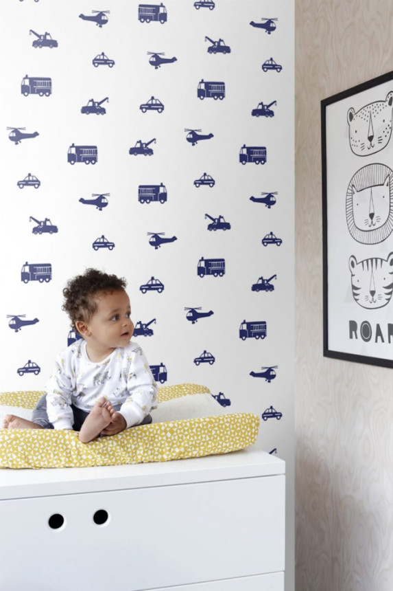 White-blue non-woven wallpaper for boys Cars, helicopters 137321, Little Bandits, Esta
