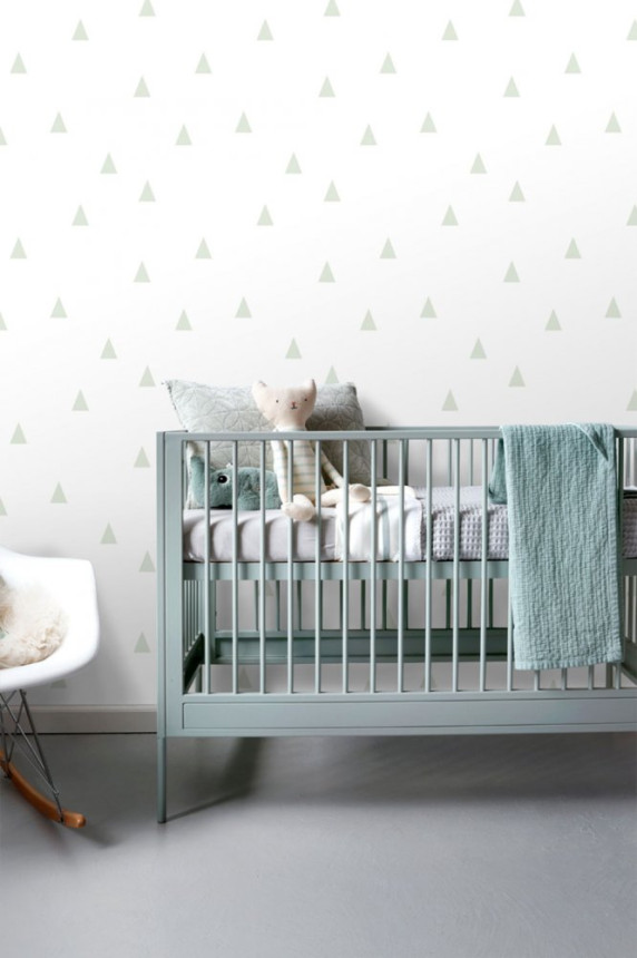 White non-woven wallpaper with green triangles 128868, Little Bandits, Esta