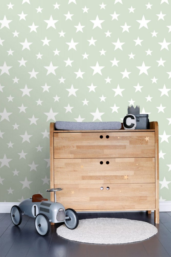 Menthol green wallpaper with white stars 128865, Little Bandits, Esta