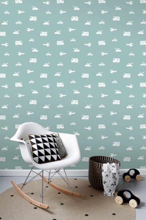 Turquoise non-woven wallpaper for boys Cars, helicopters 128864, Little Bandits, Esta