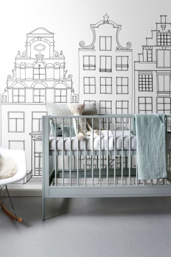 Black and white non-woven wallpaper Houses 158833, 1,395 x 2,79 m, Little Bandits, Esta