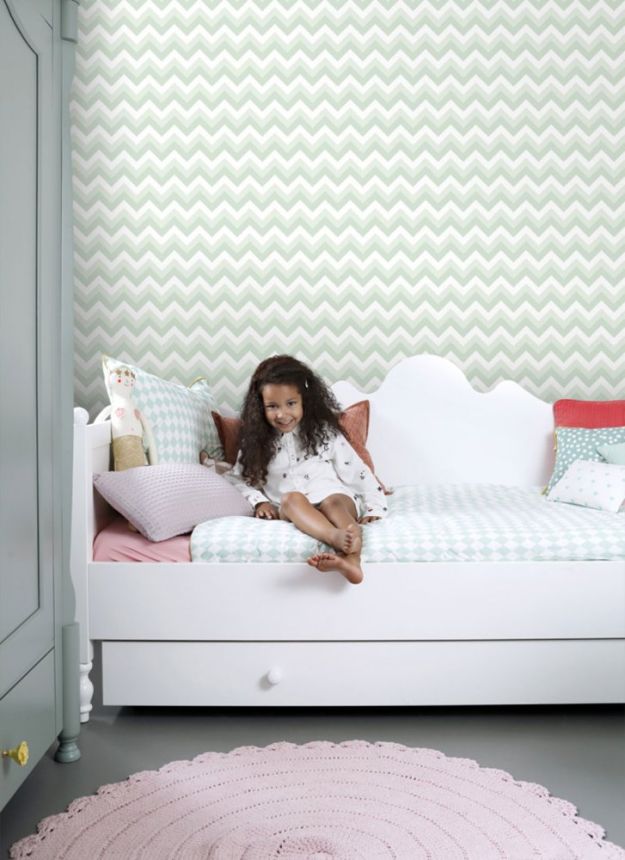 White-green non-woven wallpaper, geometric zig zag pattern 128858, Little Bandits, Esta