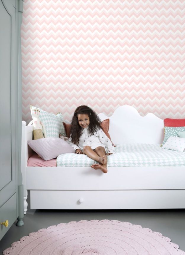 White-pink non-woven wallpaper, geometric zigzag pattern 128857, Little Bandits, Esta