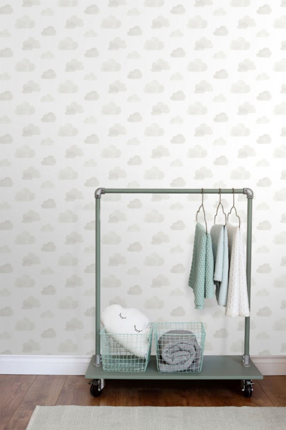 Non-woven wallpaper white with gray clouds 138945, Little Bandits, Esta