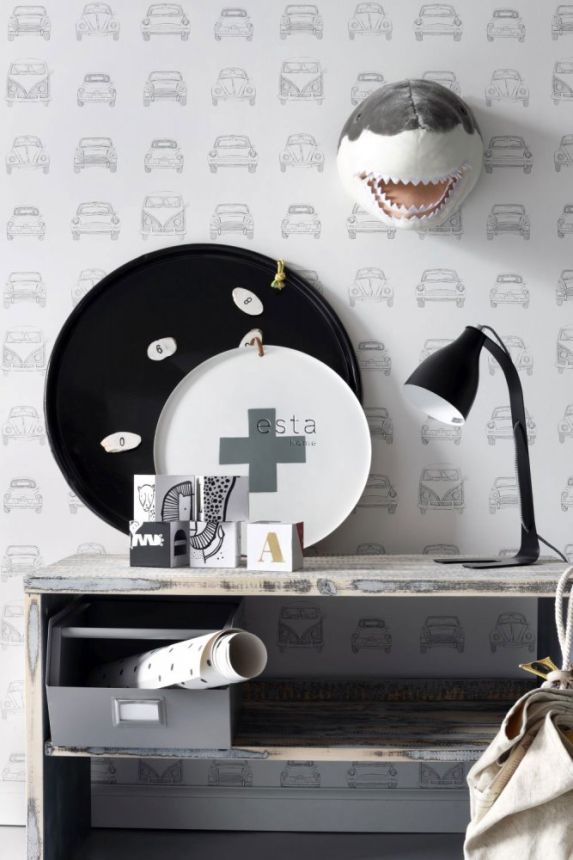 Black and white non-woven wallpaper Cars 138941, Little Bandits, Esta