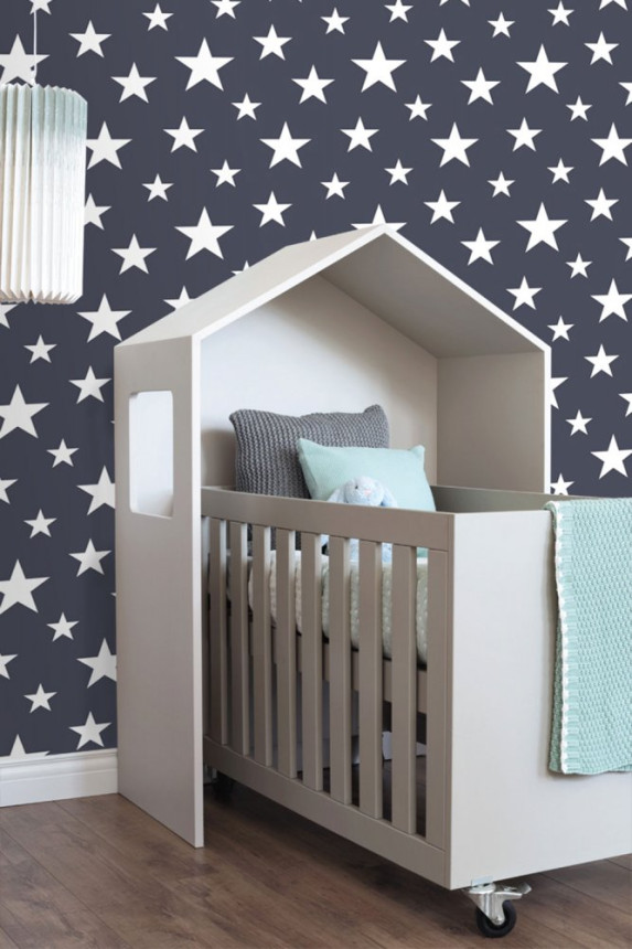 Dark blue non-woven wallpaper with white stars 138933, Little Bandits, Esta