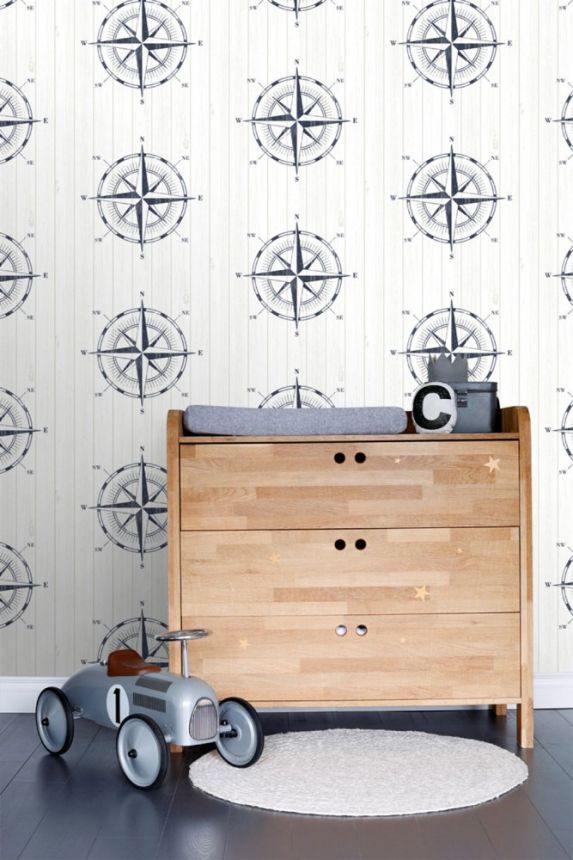 Non-woven wallpaper, compass on planks 138975, Regatta Crew, Esta Home