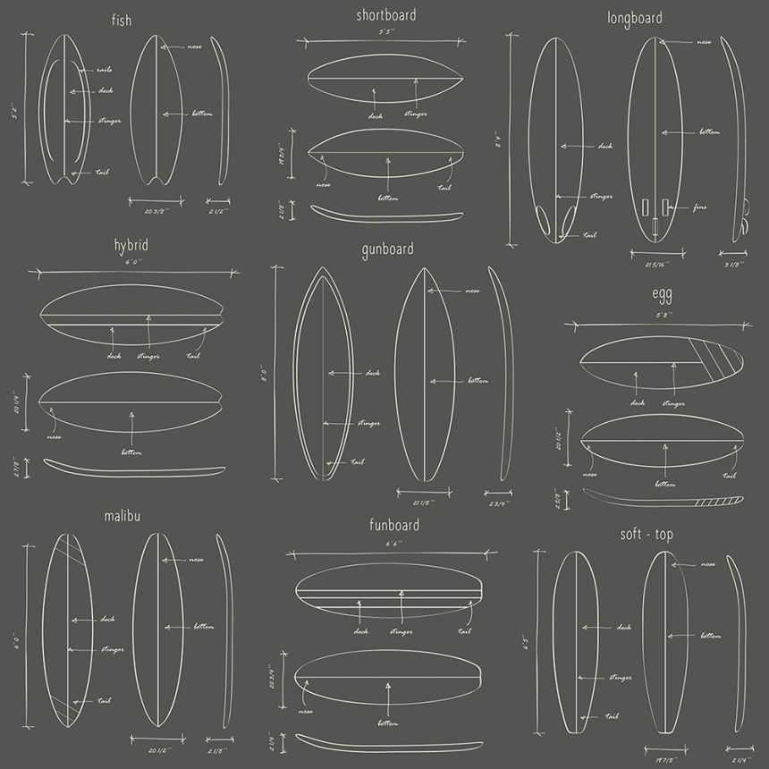 Black non-woven wallpaper with sketches of surfboards 128872, Regatta Crew, Esta Home