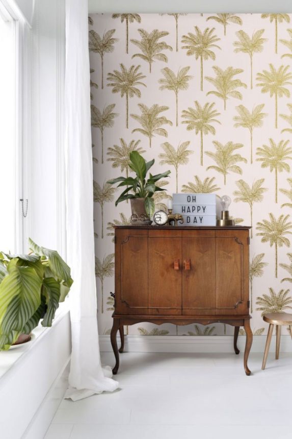 Non-woven pink wallpaper with golden palm trees 139164, Paradise, Esta Home