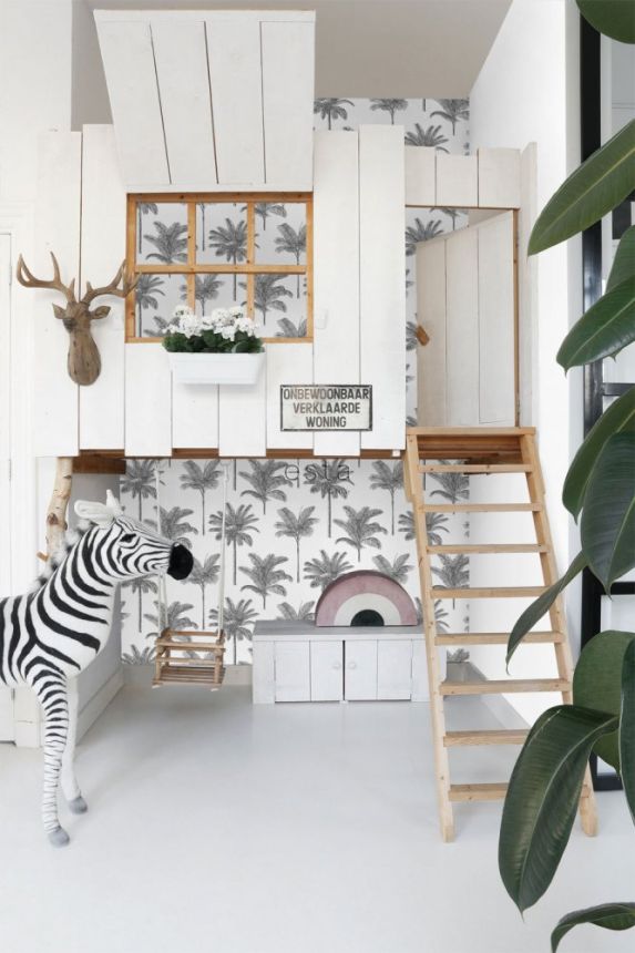 Non-woven black and white wallpaper with palm trees 139162, Paradise, Esta Home
