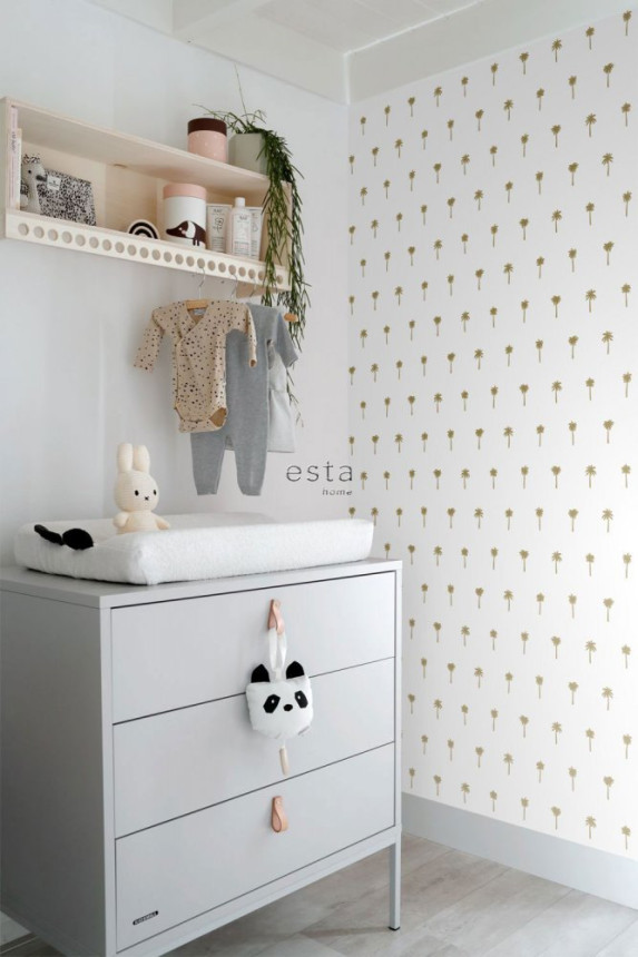 Non-woven white wallpaper with golden palm trees 139158, Paradise, Esta Home