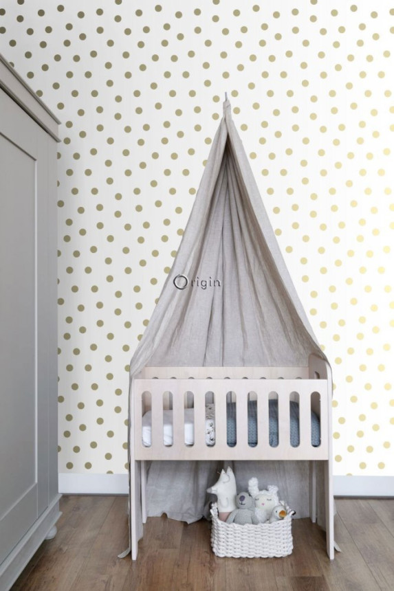 White non-woven wallpaper with golden dots 347674, Precious, Origin