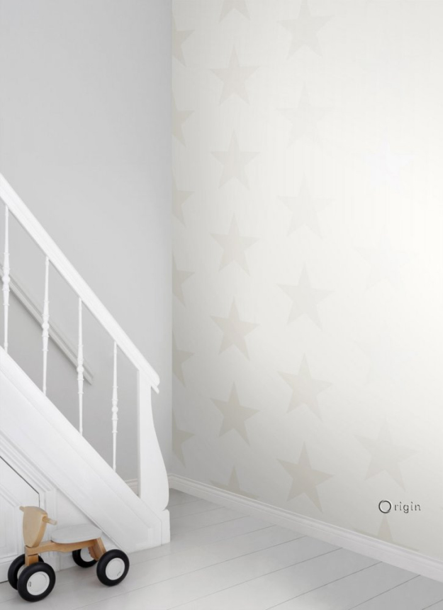 White non-woven wallpaper with beige stars 346824, Precious, Origin