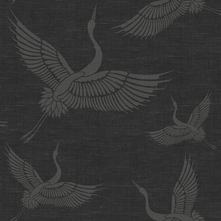 Non-woven gray-black wallpaper - birds, cranes - fabric texture 347760, Natural Fabrics, Origin