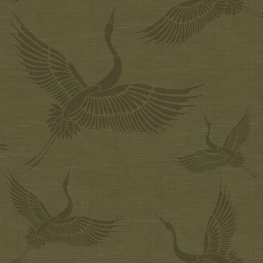 Non-woven green / khaki wallpaper - birds, cranes - fabric texture 347758, Natural Fabrics, Origin