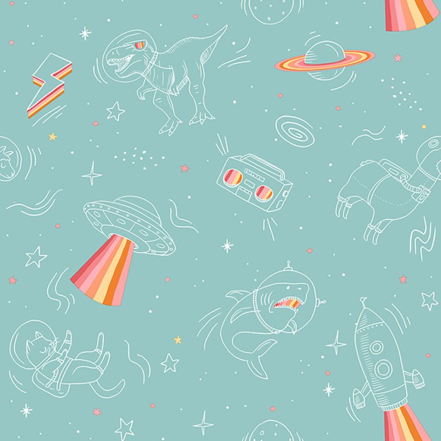 Non-woven blue children's wallpaper - animals and dinosaurs in space M36804, My Kingdom, Ugépa