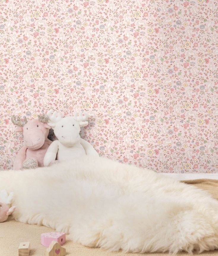 Beige non-woven children's wallpaper - flowers, bunnies JS3103, Jack´N Rose 2024 , Grandeco
