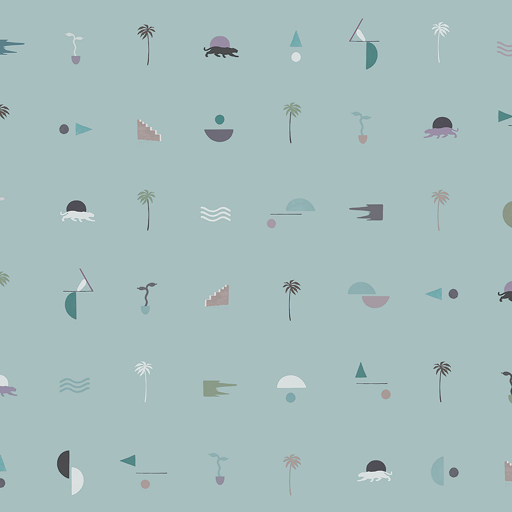 Blue non-woven wallpaper with palm trees, panthers 6510-1, 106x300cm, Batabasta, ICH Wallcoverings